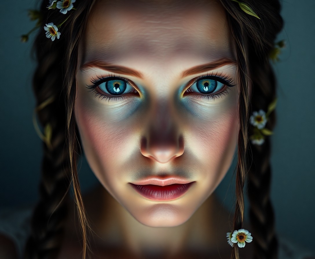 AI generated art for prompt: The soulful gaze of a Slavic woman with piercing blue eyes against her fair skin is captured in this