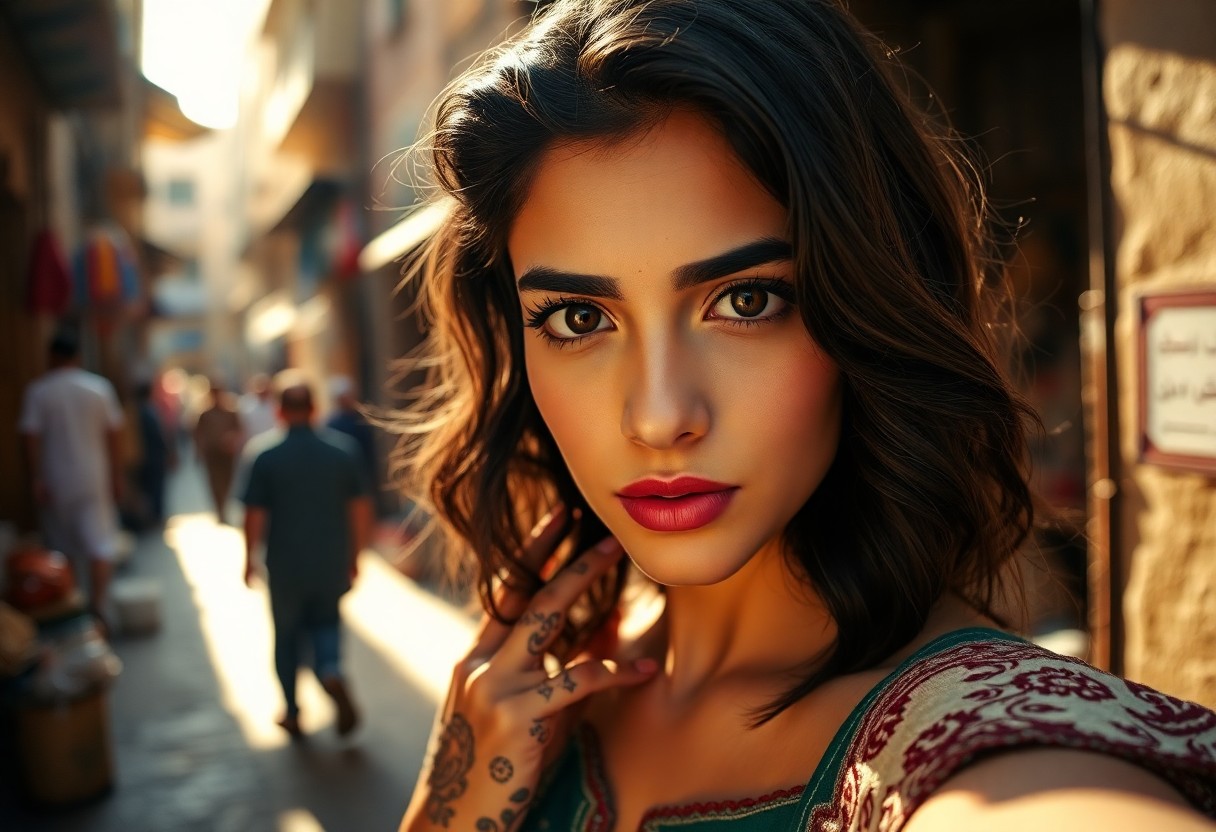 AI generated art for prompt: A photorealistic portrait photograph showcases a young Middle Eastern woman's enigmatic stare, her d