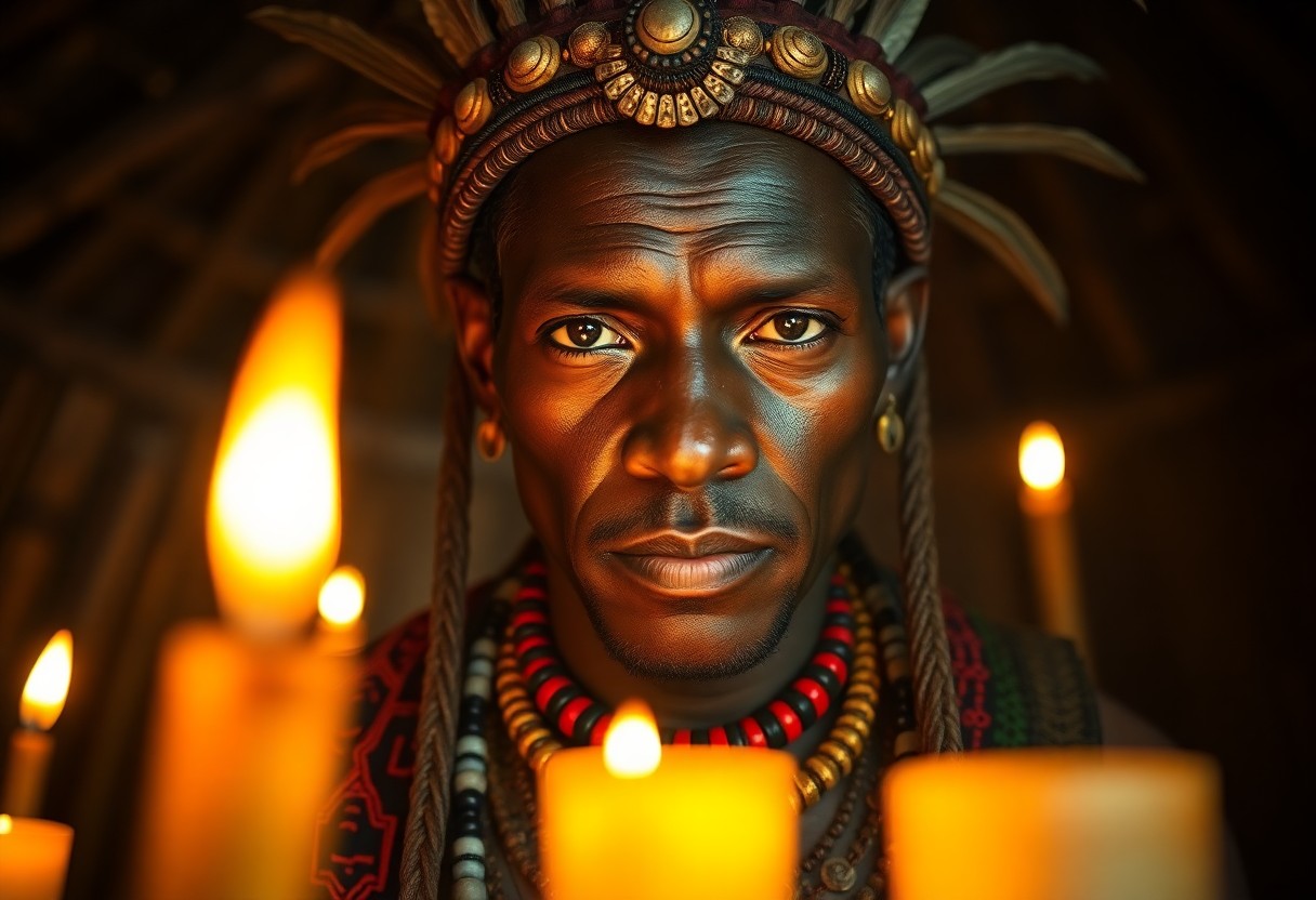 AI generated art for prompt: Craft a photorealistic portrait of an African tribal leader with warm brown eyes and deep facial lin