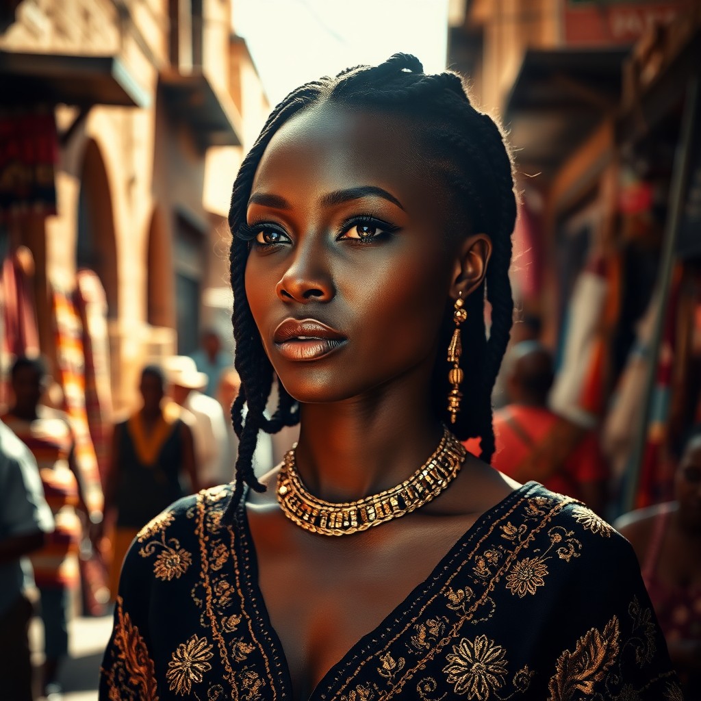 AI generated art for prompt: A photorealistic portrait photograph captures an enigmatic African woman's allure amidst a bustling 