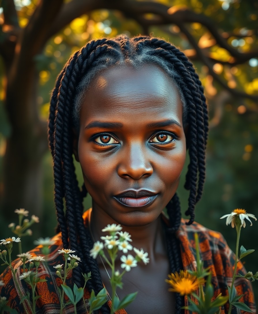 AI generated art for prompt: A photorealistic portrait captures a middle-aged African woman's enigmatic gaze, her striking hazel 