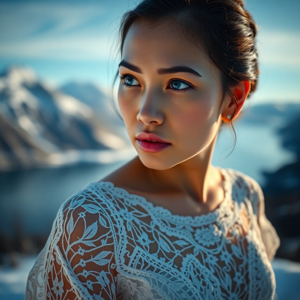 AI generated art for prompt: A portrait photograph reveals a Pacific Islander woman's enigmatic blue eyes and elegant lace gown, 