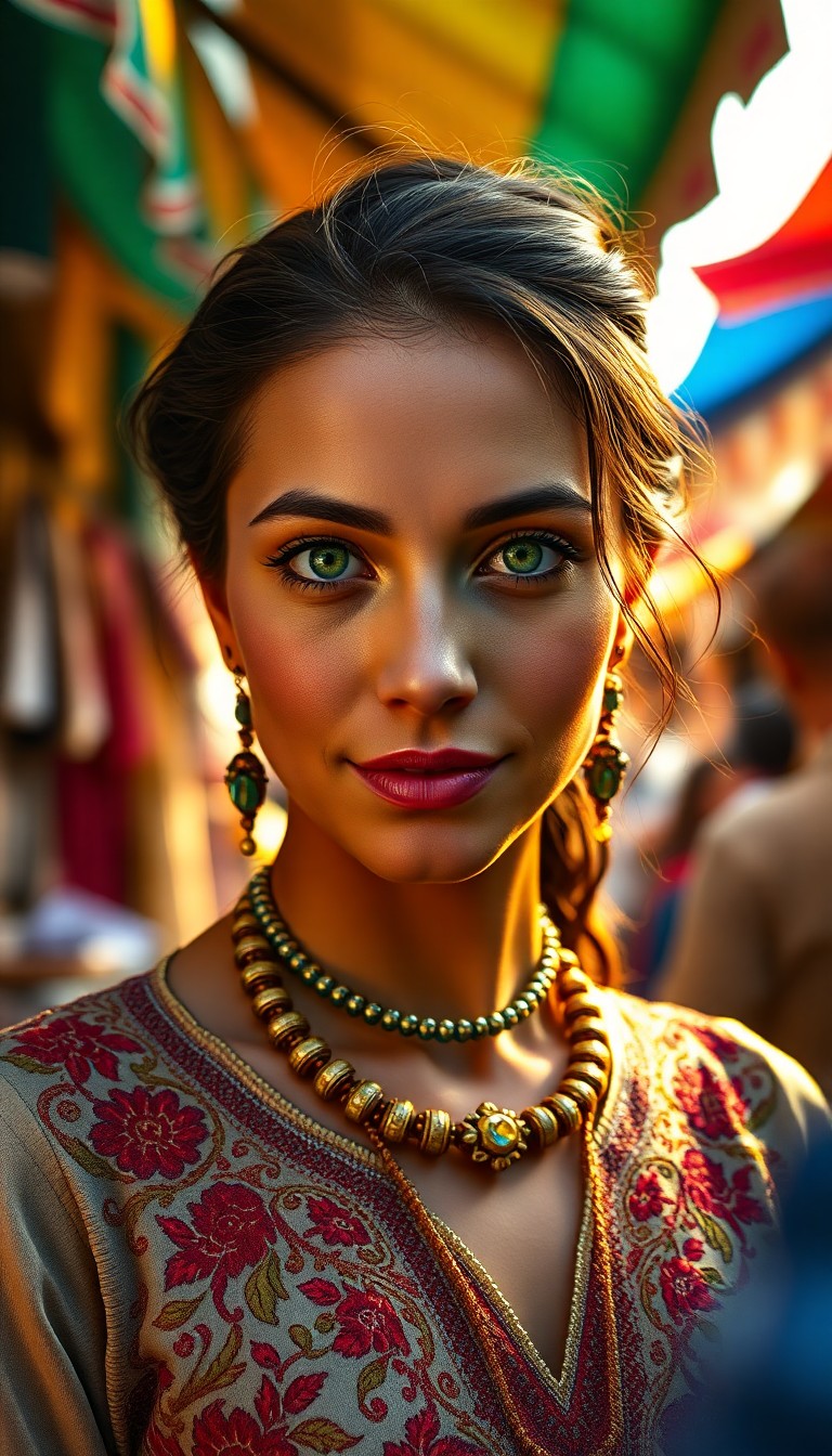 AI generated art for prompt: Craft a photorealistic portrait showcasing a Middle Eastern woman with captivating green eyes; her e