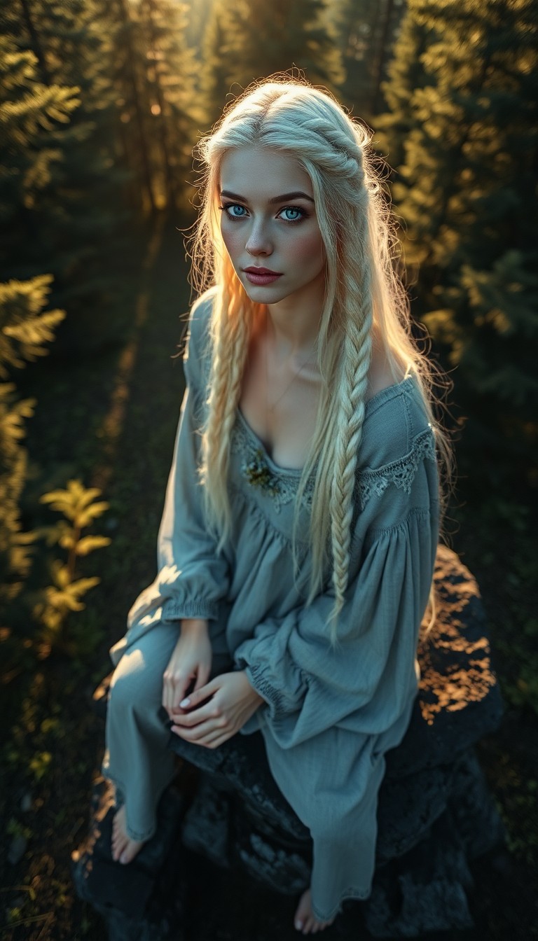 AI generated art for prompt: Envision a photorealistic portrait of a Slavic woman with mesmerizing ice-blue eyes and long, braide