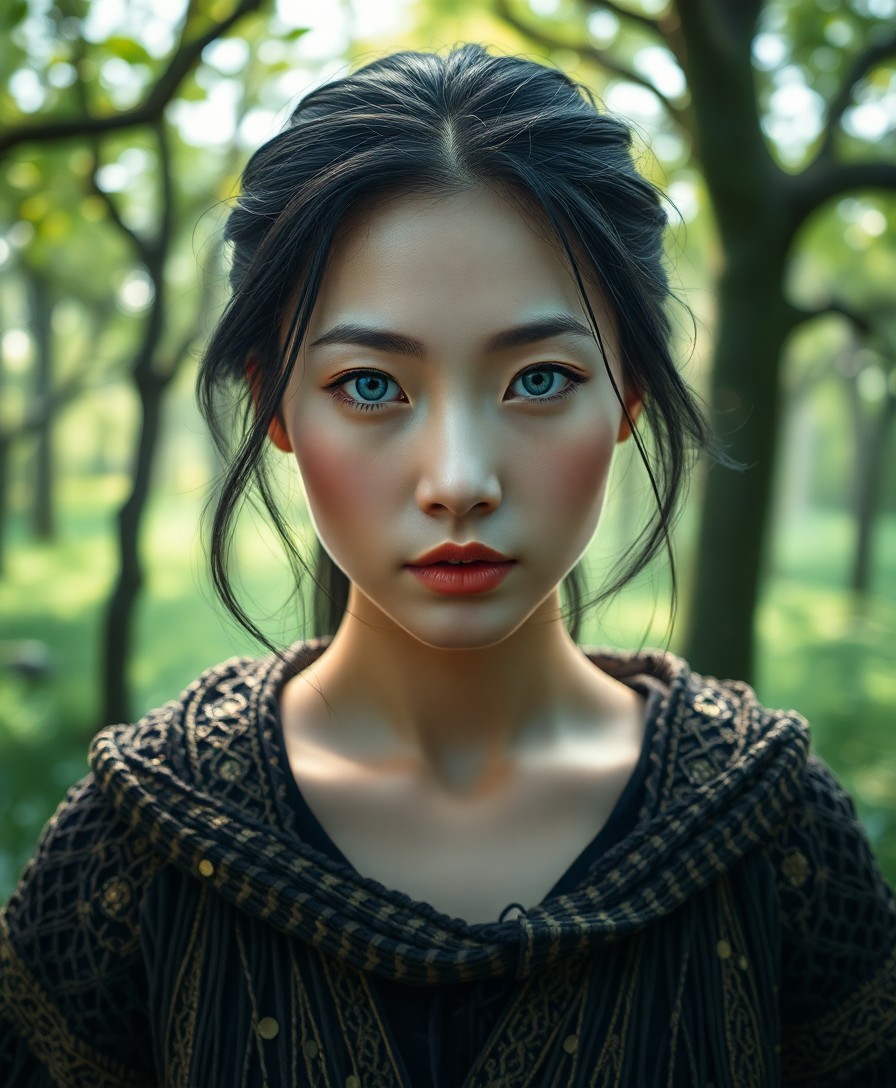 AI generated art for prompt: Craft an ultra-realistic portrait of an enigmatic East Asian woman in her mid-thirties with piercing