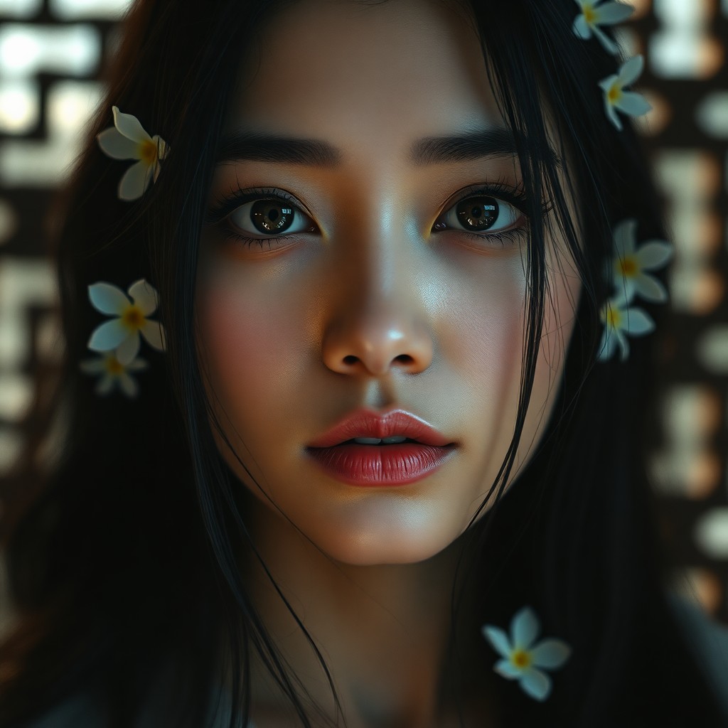 AI generated art for prompt: A film camera captures an enigmatic South Asian woman with warm brown eyes and silky black hair ador