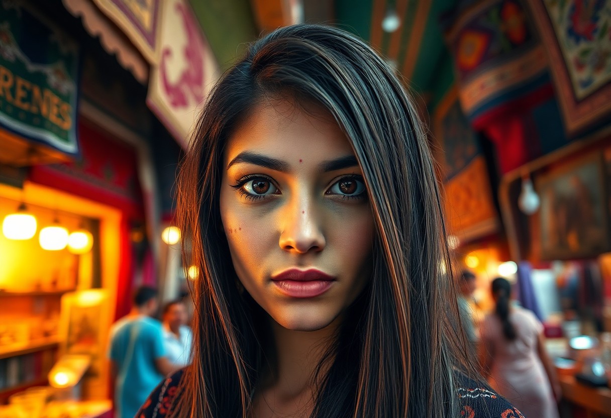 AI generated art for prompt: A DSLR captures a portrait of an enigmatic Middle Eastern woman with deep brown eyes and long, dark 