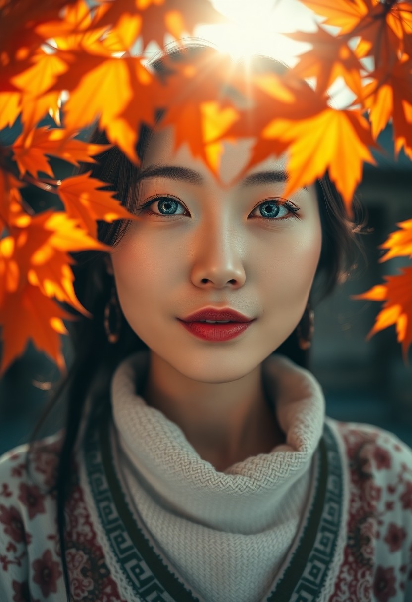 AI generated art for prompt: Craft a photorealistic portrait of an East Asian woman with piercing blue eyes and fair skin, her en