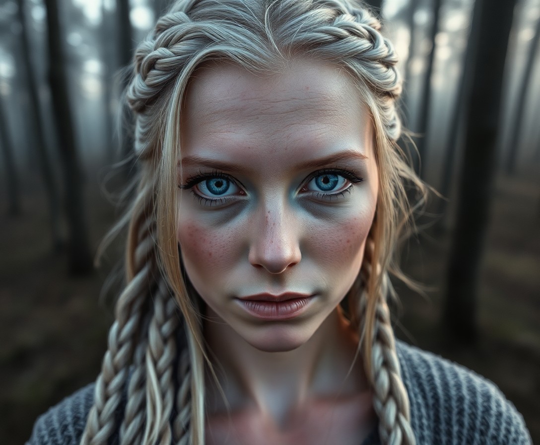 AI generated art for prompt: Craft a hyperrealistic iPhone portrait capturing the enigmatic Nordic woman with piercing blue eyes 