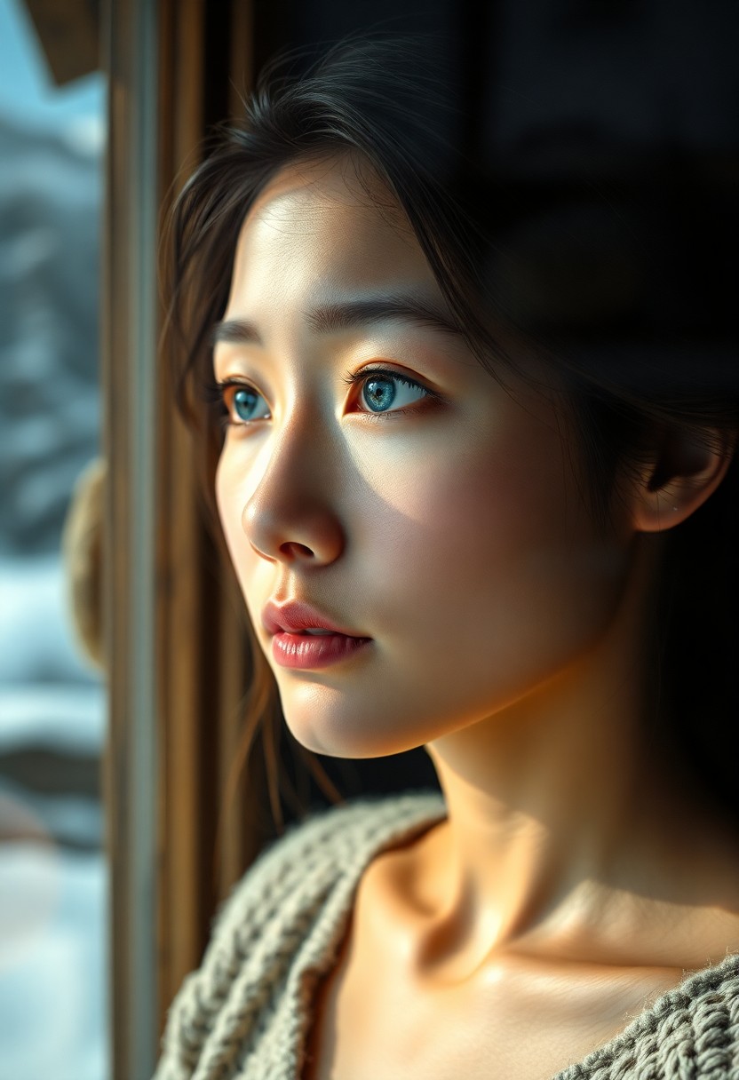 AI generated art for prompt: A photorealistic portrait showcases an East Asian woman in her forties with captivating blue eyes an