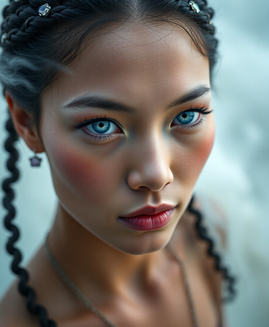 AI generated art for prompt: A high-angle portrait photograph showcases an enigmatic Pacific Islander woman with mesmerizing ice-