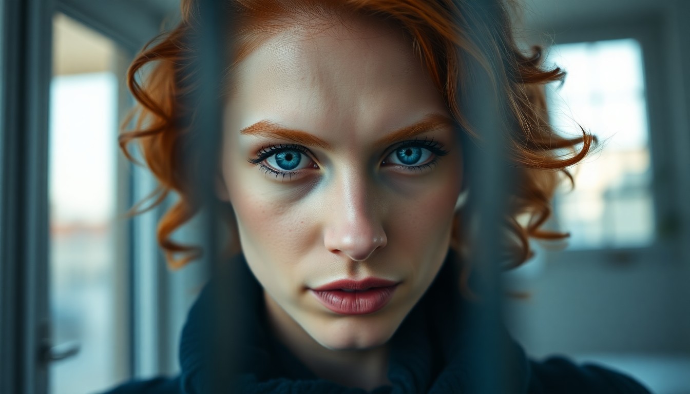 AI generated art for prompt: A portrait photograph of a European woman with piercing blue eyes and porcelain skin reveals her eni