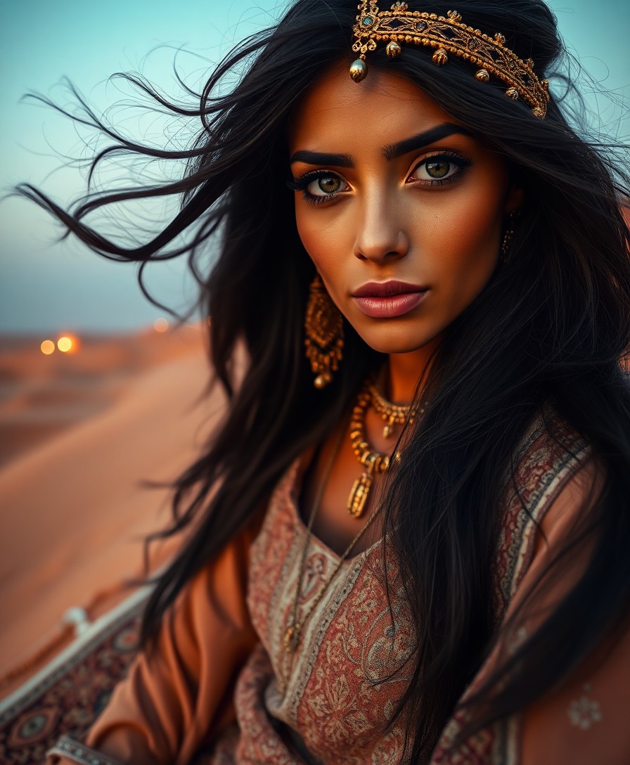 AI generated art for prompt: Envision a photorealistic portrait of an enigmatic Middle Eastern woman exuding captivating mystery 