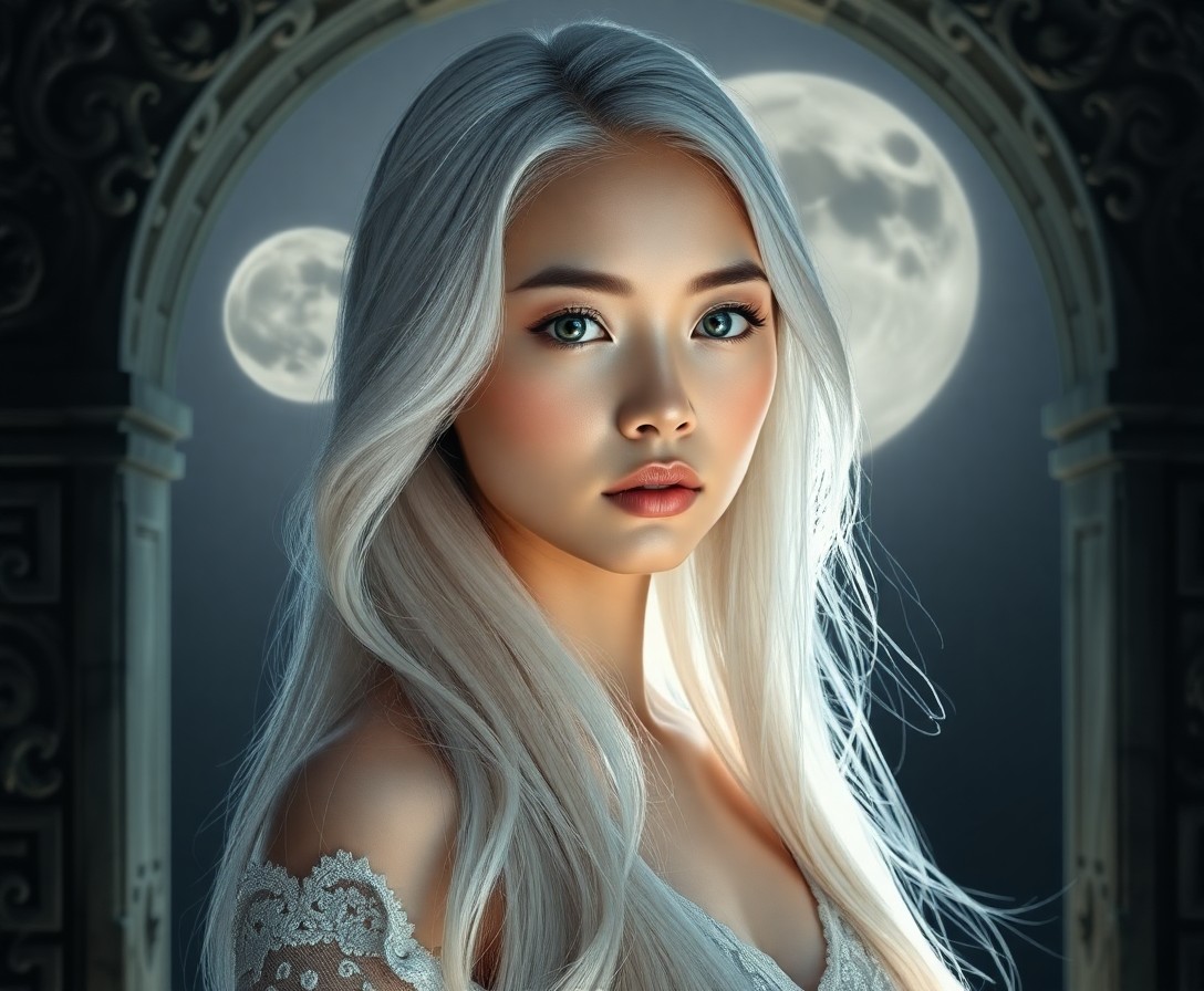 AI generated art for prompt: A captivating portrait photograph showcases a young East Asian woman with enchanting ice-blue eyes a