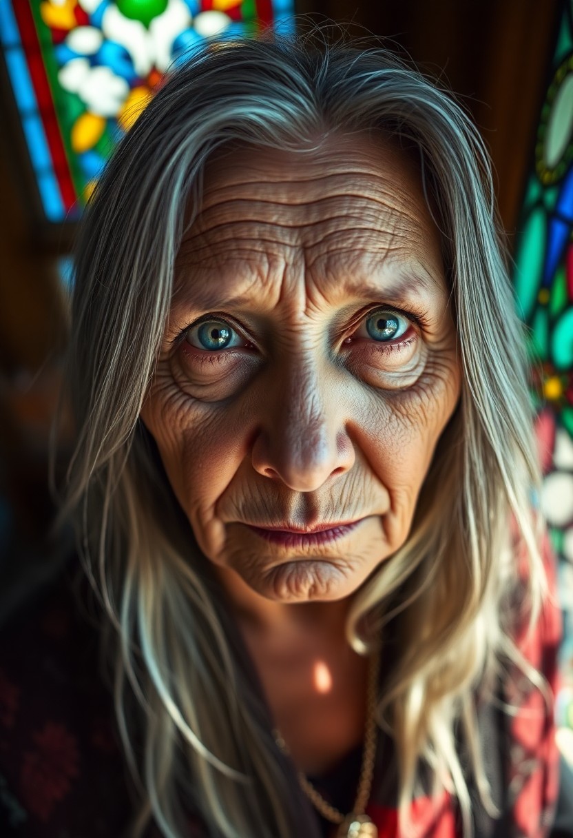 AI generated art for prompt: A captivating portrait photograph reveals a wise Native American woman in her seventies, with pierci