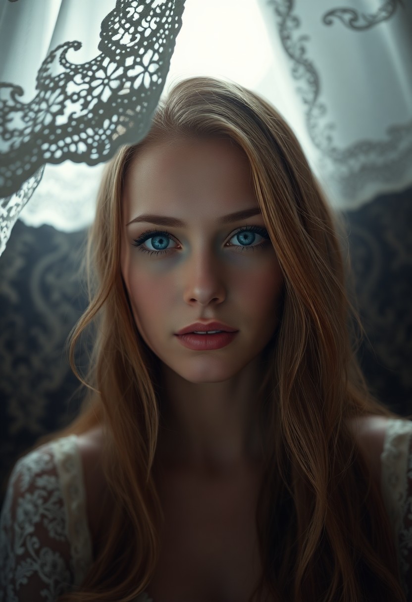 AI generated art for prompt: A photorealistic portrait showcases a Slavic woman with piercing blue eyes and golden-brown locks, i