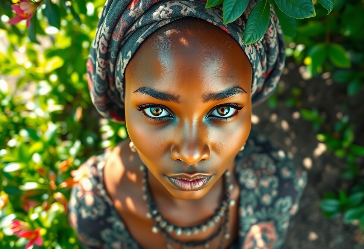 AI generated art for prompt: Visualize a highly realistic portrait of a 35-year-old African woman, her captivating almond eyes an