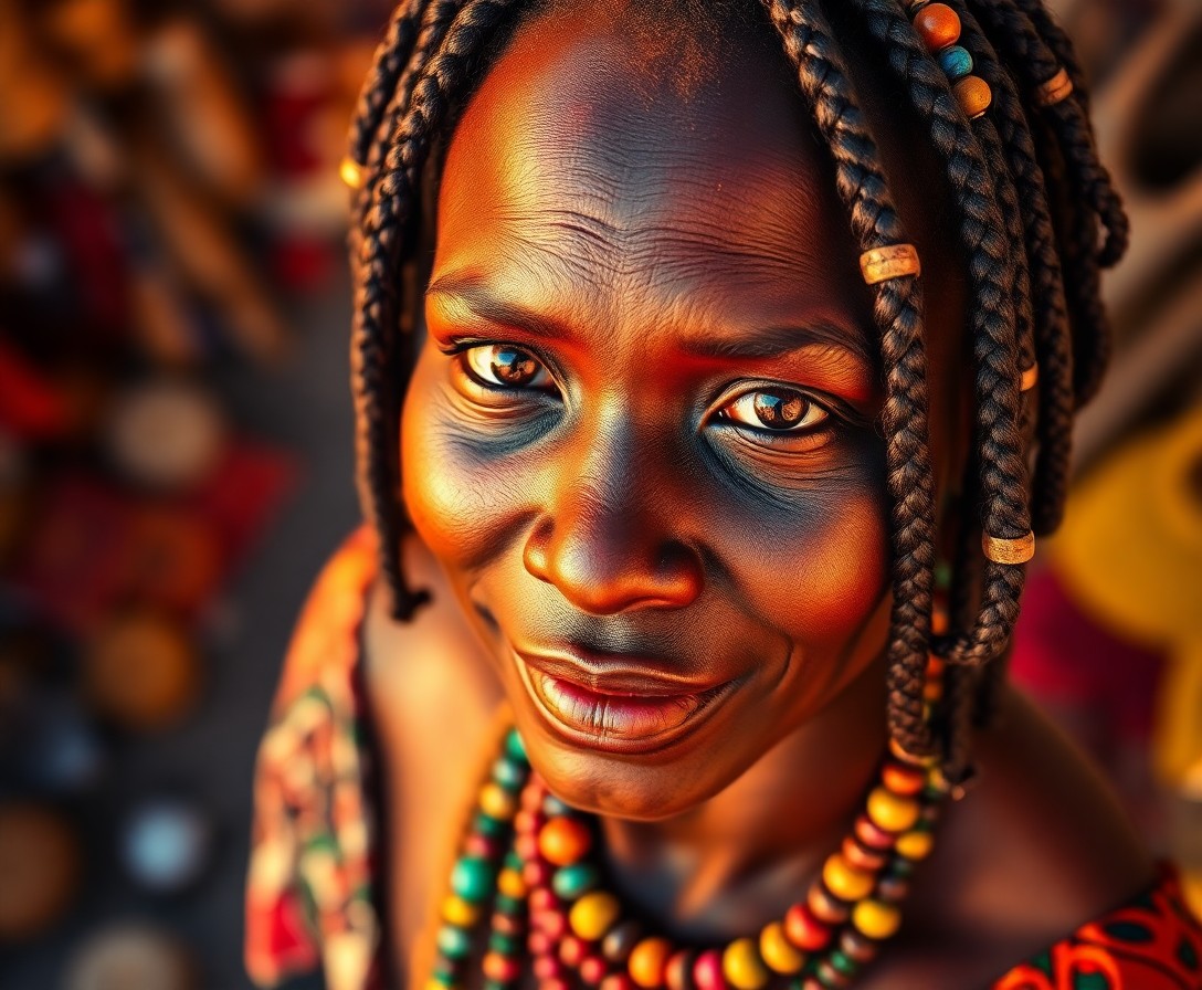 AI generated art for prompt: Craft a photorealistic portrait showcasing an African woman's enigmatic expression, her rich dark sk