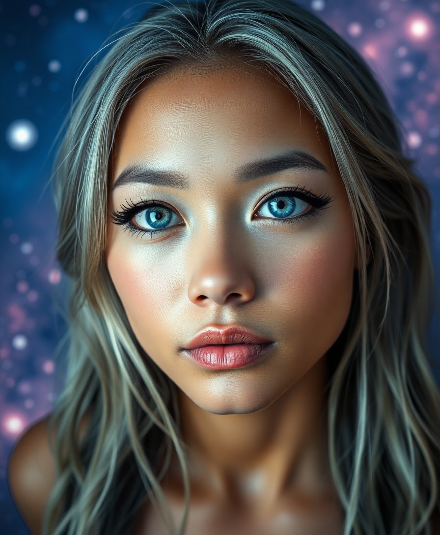 AI generated art for prompt: A photorealistic portrait photograph showcases a Pacific Islander woman with mesmerizing ice-blue ey