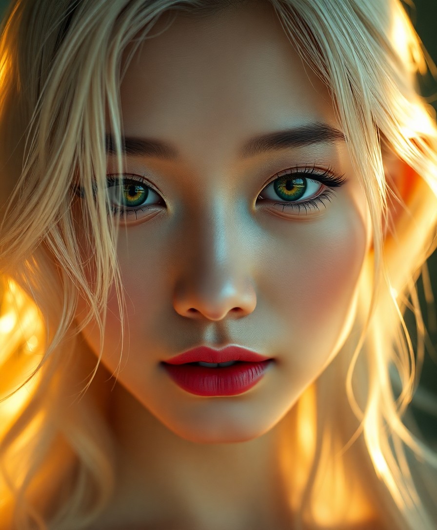 AI generated art for prompt: A photorealistic portrait photograph showcases an enigmatic East Asian woman with captivating emeral