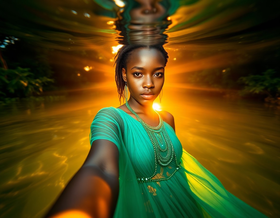 AI generated art for prompt: Envision a smartphone-captured portrait showcasing an enigmatic young African woman with honeyed ski