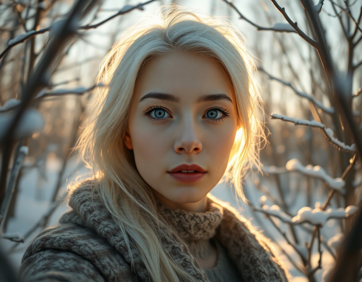 AI generated art for prompt: A photorealistic portrait photograph captures an East Asian woman with striking blue eyes and platin