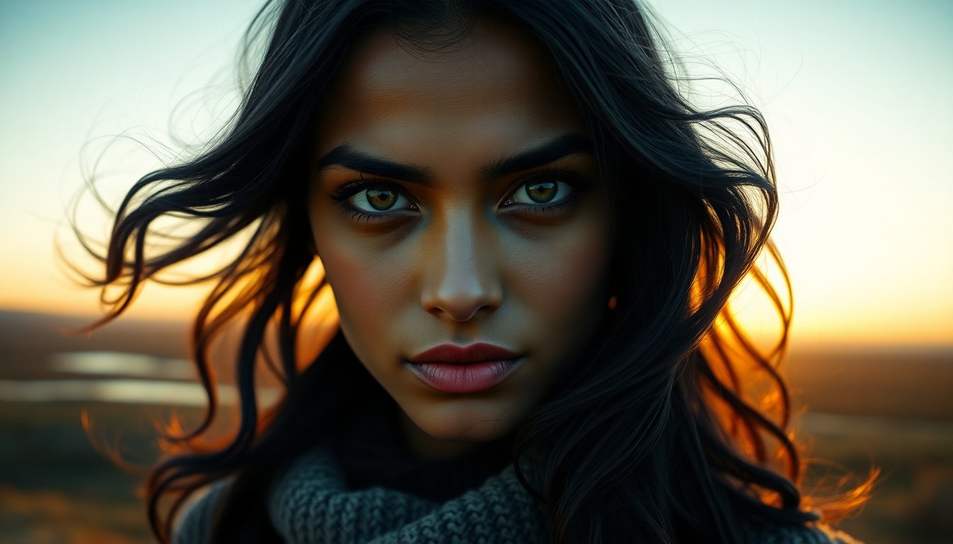 AI generated art for prompt: Craft a photorealistic portrait of a South Asian woman with captivating emerald eyes and cascading j