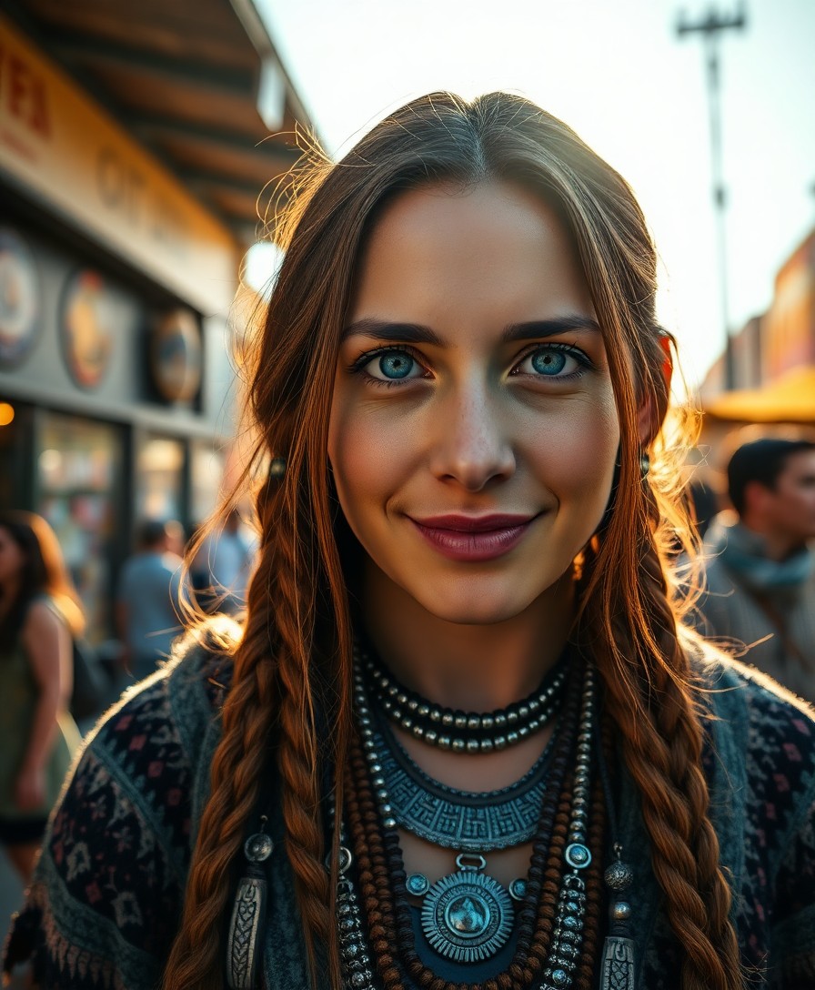 AI generated art for prompt: A captivating hyperrealistic portrait of a Native American woman with piercing blue eyes and adorned