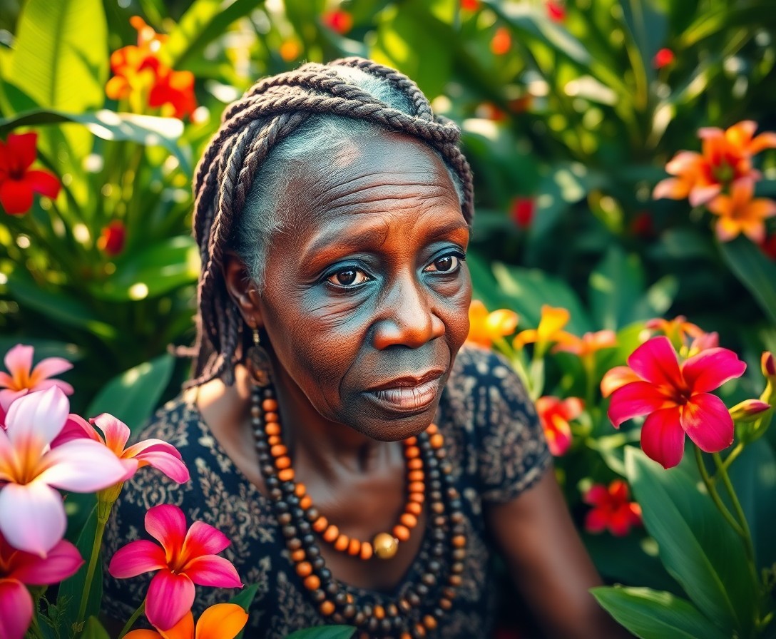 AI generated art for prompt: A stoic African woman in her late sixties sits amidst a lush tropical garden, her captivating dark e