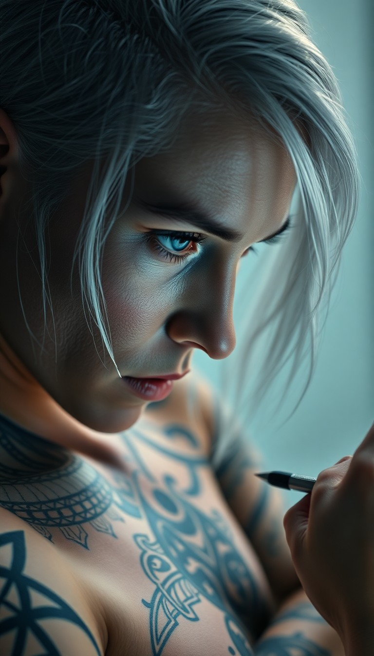 AI generated art for prompt: Create a hyper-realistic portrait of a Nordic tattoo artist with piercing blue eyes and silver hair,