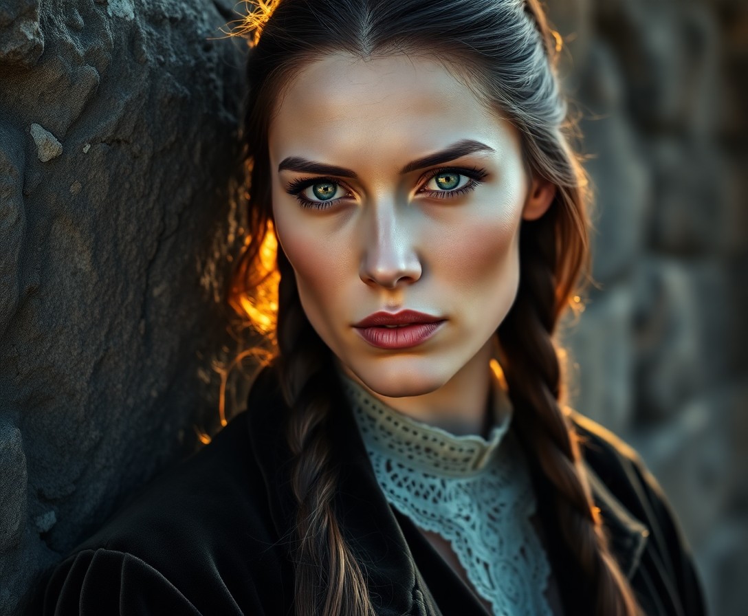 AI generated art for prompt: A portrait photograph of a Native American woman, her piercing green eyes contrasting against porcel