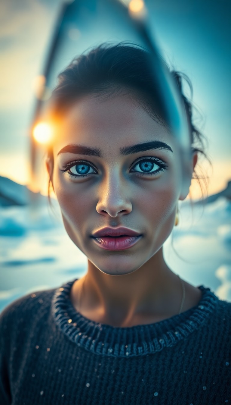 AI generated art for prompt: A portrait photograph captures the enigmatic gaze of a South Asian woman with piercing blue eyes, se