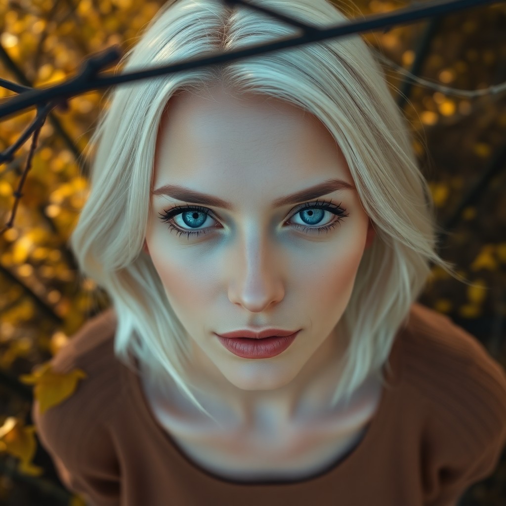 AI generated art for prompt: A photorealistic portrait captures a European woman with striking blue eyes and delicate cheekbones,