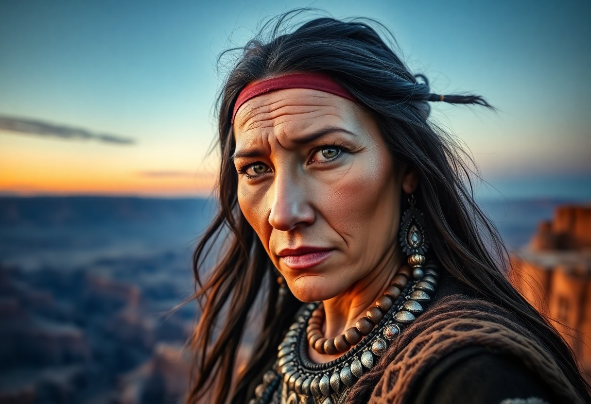 AI generated art for prompt: A photorealistic portrait captured by a smartphone showcases an enigmatic Native American woman with