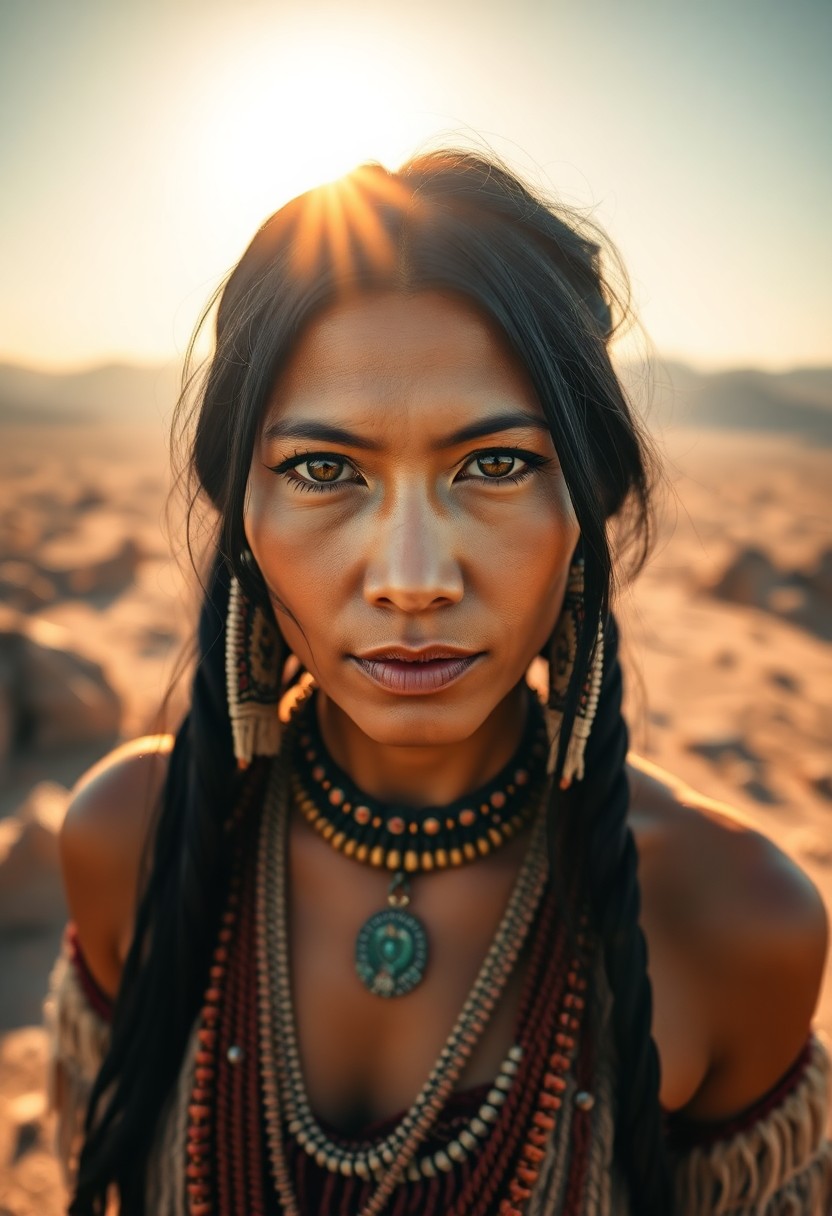 AI generated art for prompt: A photorealistic portrait photograph captures an alluring Native American woman with striking black 