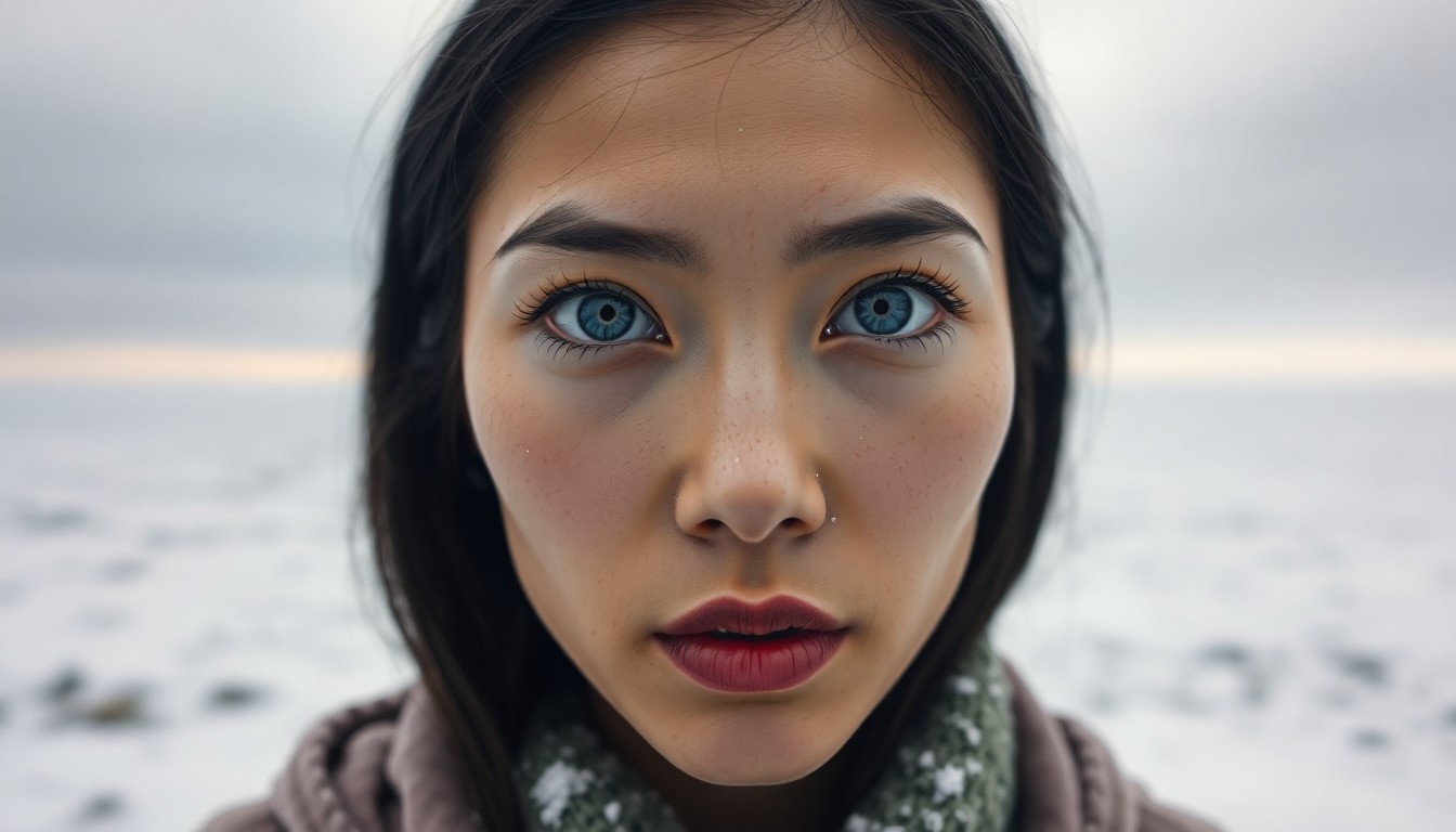 AI generated art for prompt: A hyperrealistic portrait of an East Asian woman with piercing blue eyes captures a unique blend of 