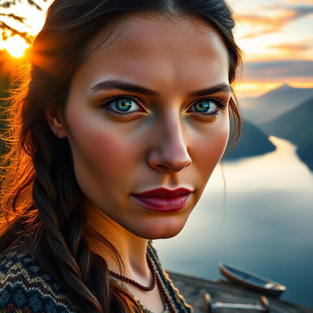 AI generated art for prompt: A photorealistic portrait photograph depicts a Native American woman with captivating green eyes, he