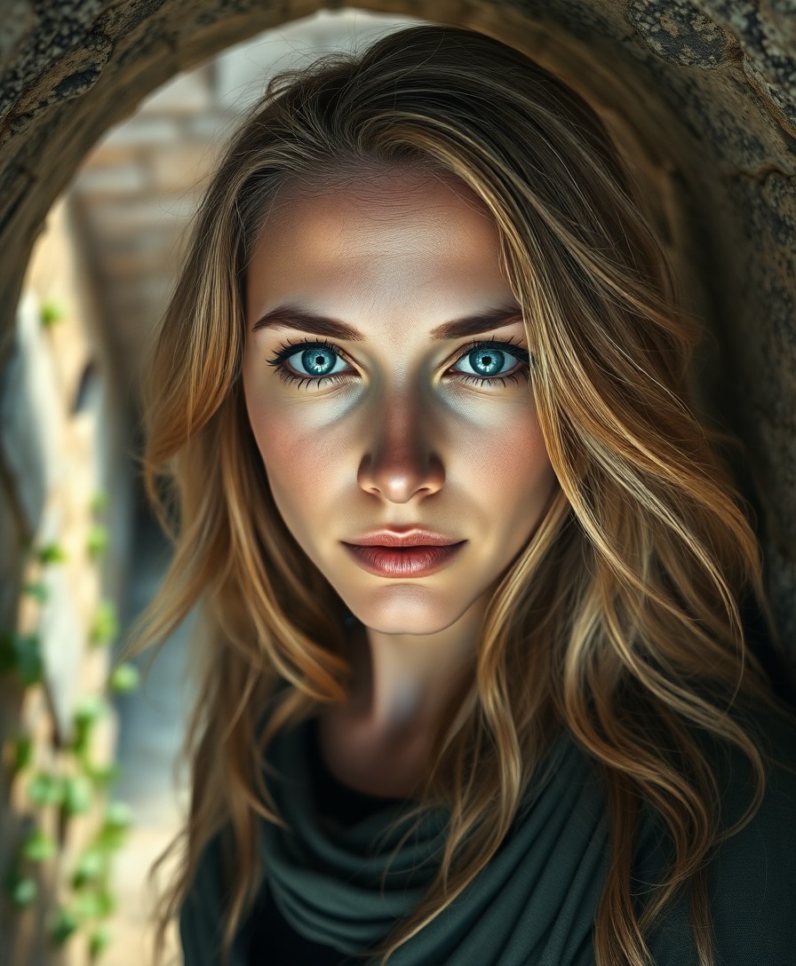 AI generated art for prompt: Envision a photorealistic portrait of a Middle Eastern woman, her striking blue eyes and flowing gol