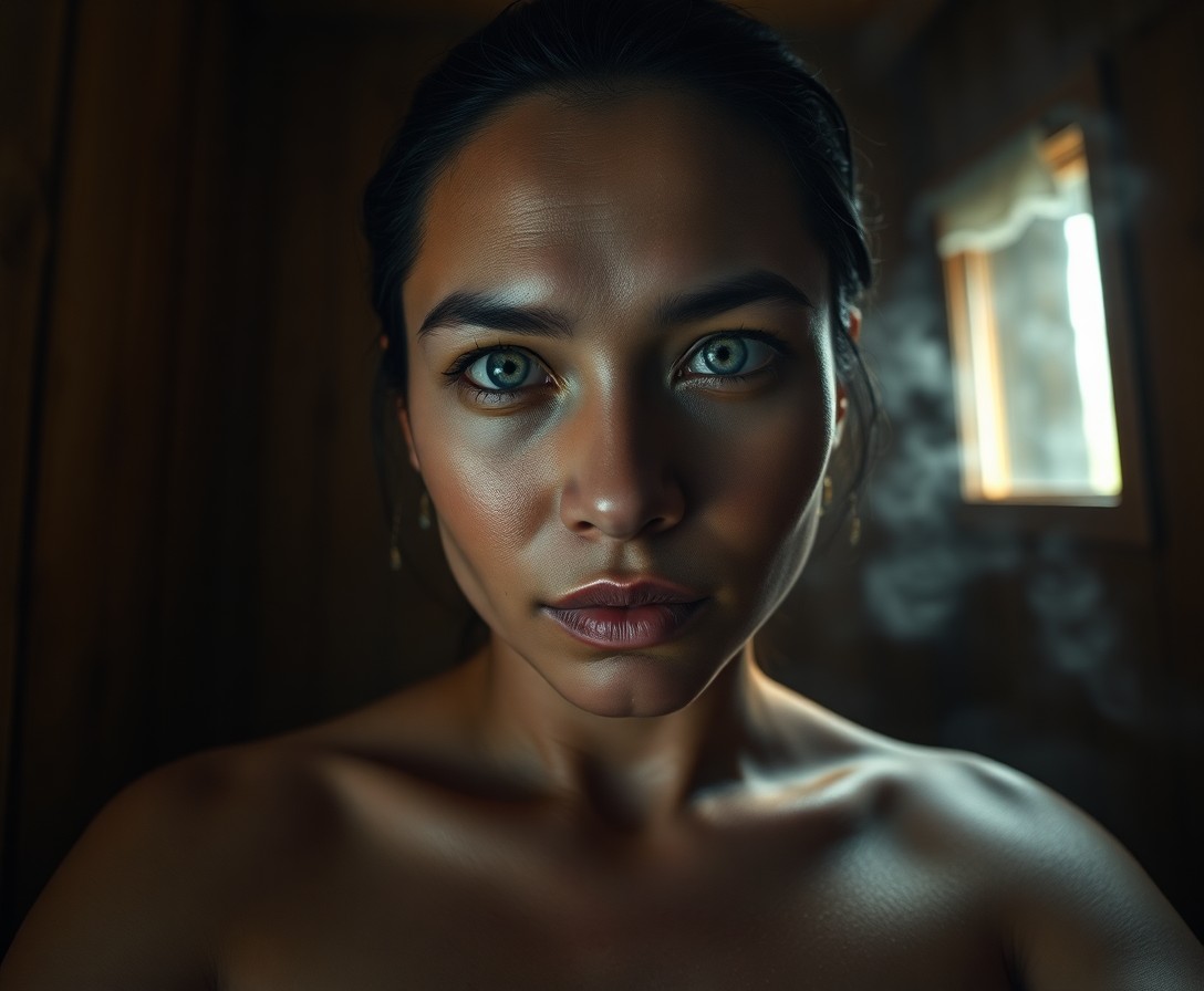 AI generated art for prompt: A photorealistic portrait of a Pacific Islander woman with piercing blue eyes and fair skin exudes a