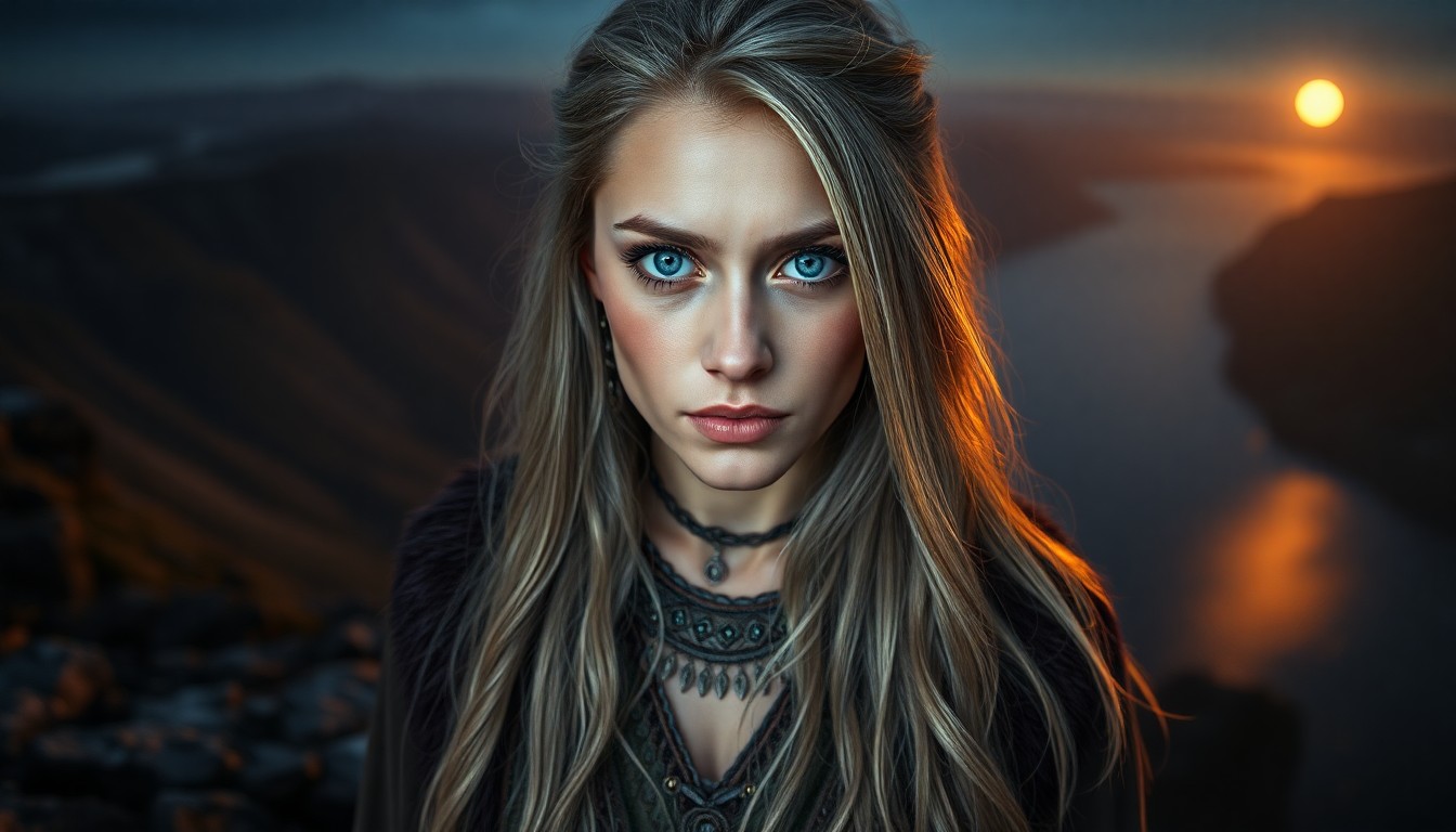 AI generated art for prompt: A photorealistic portrait photo captures an enigmatic European woman with piercing blue eyes and lon