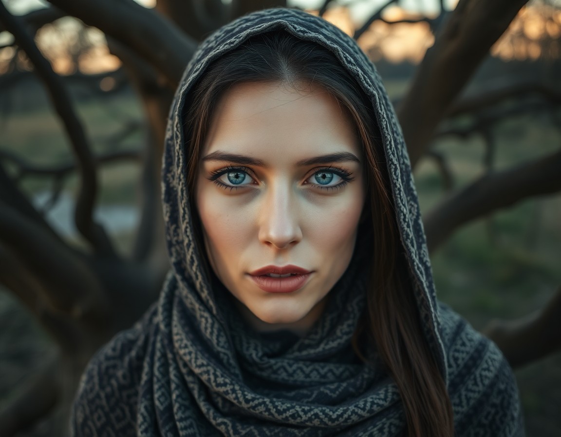 AI generated art for prompt: Portray a Middle Eastern woman's enigmatic gaze with piercing ice-blue eyes and porcelain skin. Bath