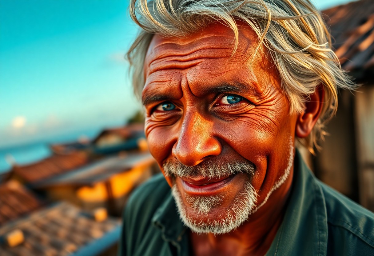 AI generated art for prompt: A photorealistic portrait of a charismatic Pacific Islander fisherman with piercing blue eyes and su