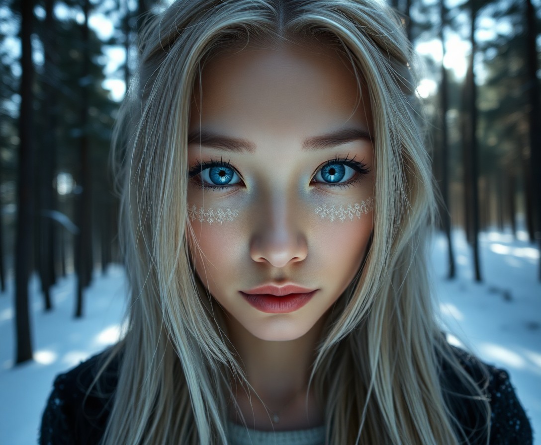 AI generated art for prompt: A photorealistic portrait photograph captures an East Asian woman with mesmerizing icy blue eyes and