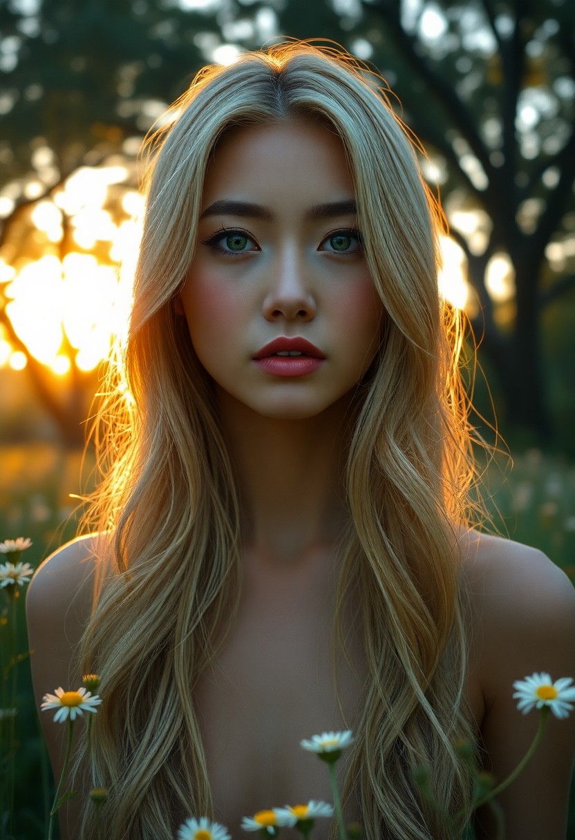 AI generated art for prompt: Envision a hyperrealistic portrait of an enigmatic East Asian woman with captivating green eyes and 