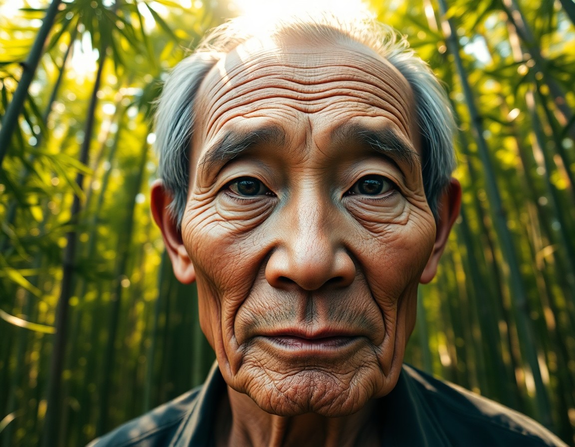 AI generated art for prompt: Craft a photorealistic portrait showcasing an introspective Southeast Asian elder with tender almond