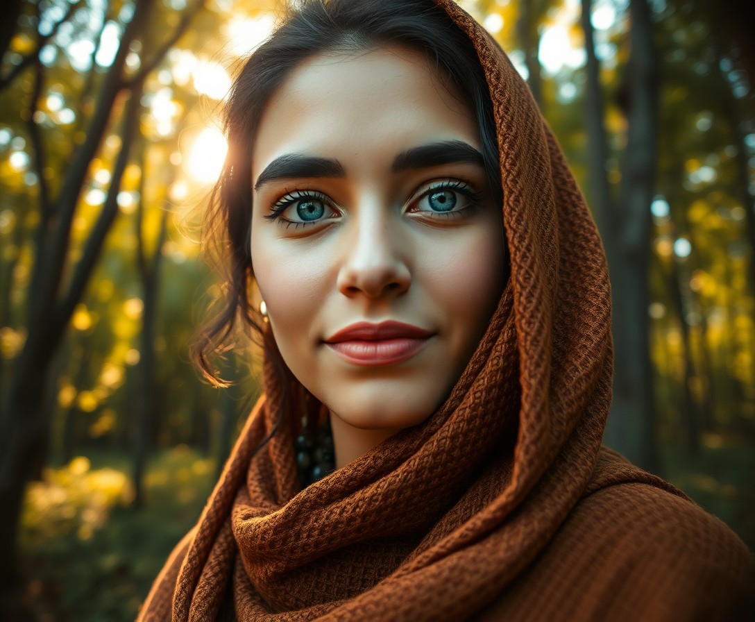 AI generated art for prompt: A South Asian woman with striking icy blue eyes and flawless porcelain skin stands amidst a dense fo