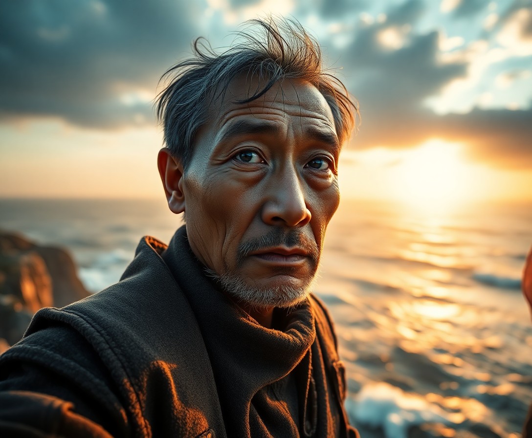 AI generated art for prompt: Craft a photorealistic portrait of an East Asian fisherman with piercing blue eyes and a rugged visa