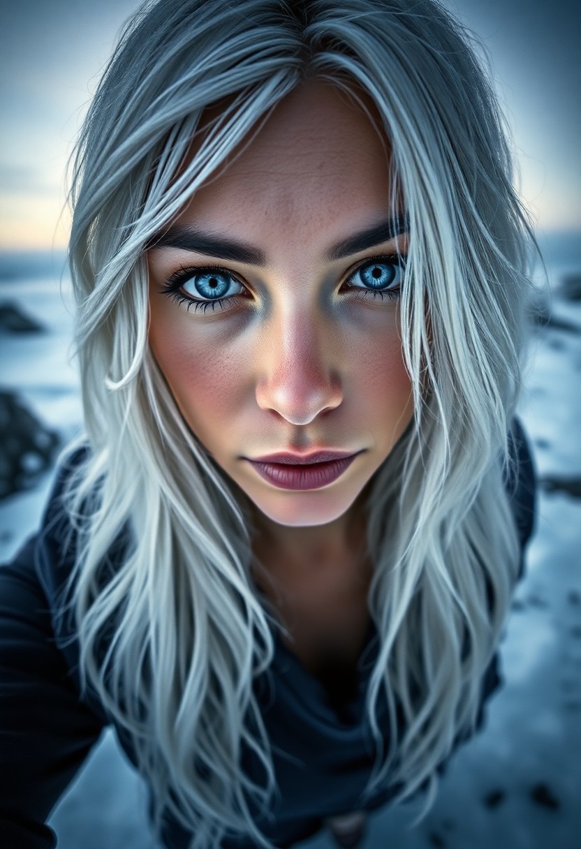 AI generated art for prompt: A photorealistic portrait photograph captures a stoic Hispanic woman with piercing blue eyes and sno