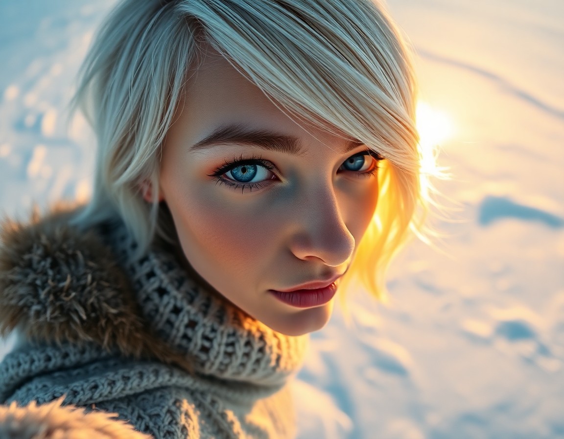 AI generated art for prompt: A photorealistic portrait captures a Nordic woman's soulful expression through piercing blue eyes an