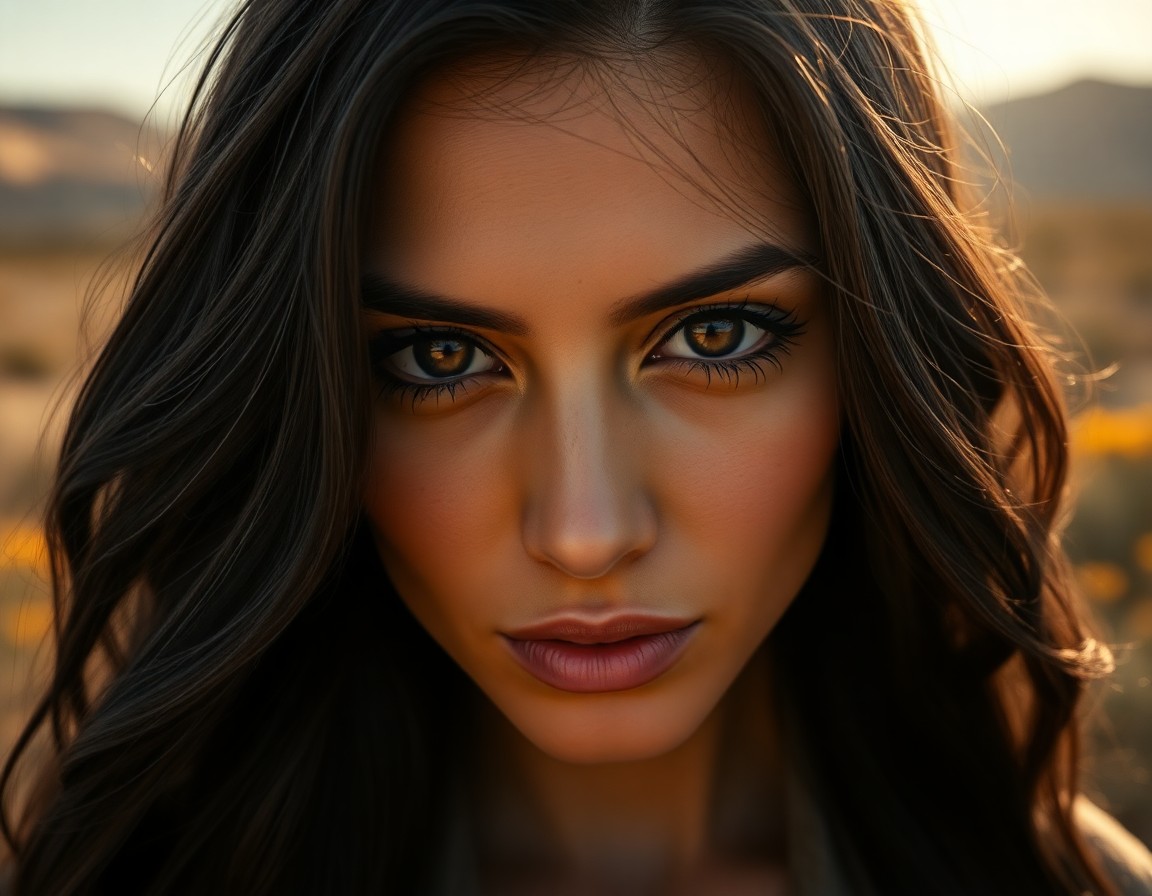 AI generated art for prompt: Envision a captivating portrait of a Middle Eastern woman with mesmerizing amber eyes and olive skin